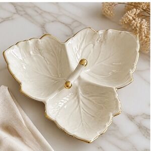 Vintage Toyo Porcelain Triple Leaf Serving Dish Cream White Gold Trim Japan